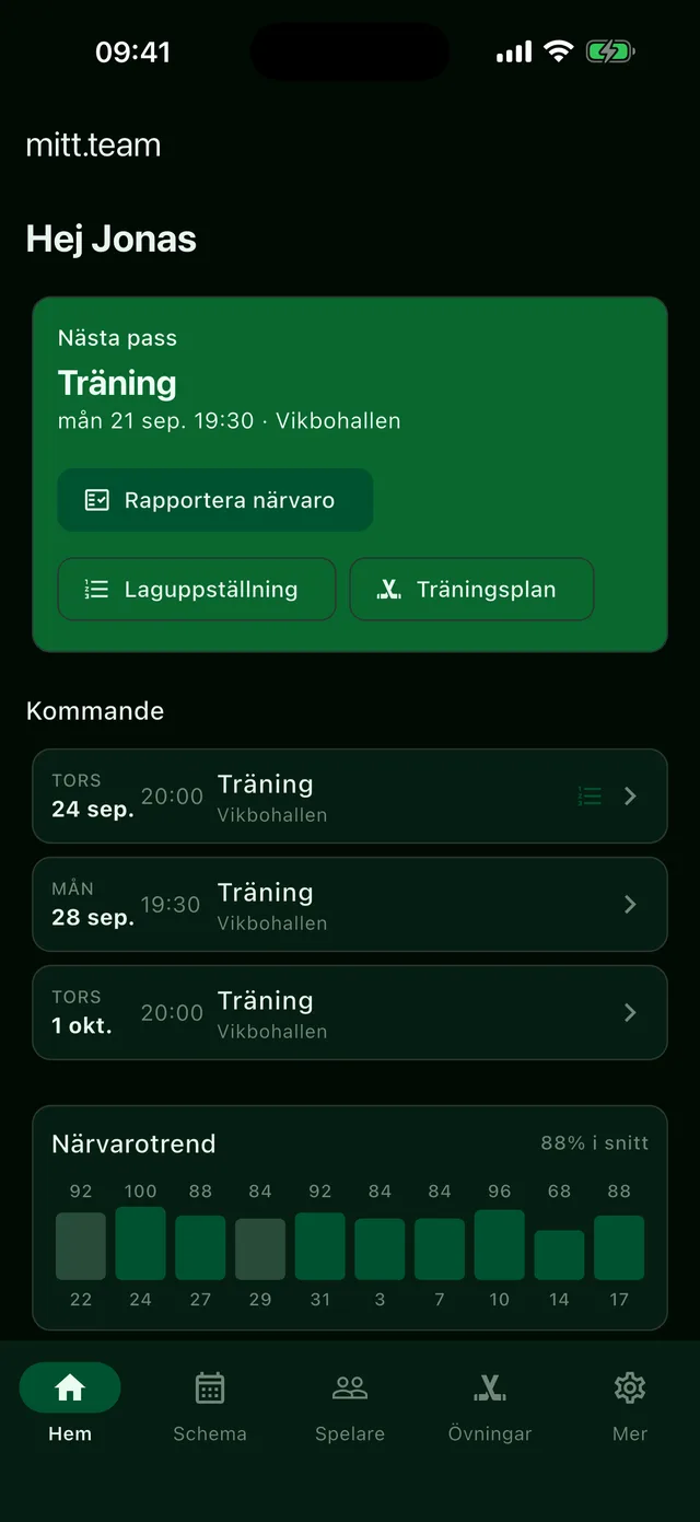 Appens startsida med dagens träning, kommande pass och närvarotrend